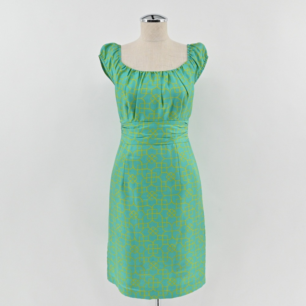 Milly Retro Silk Dress Womens Size 0 Blue Green Geometric Trellis Sheath Y2K
